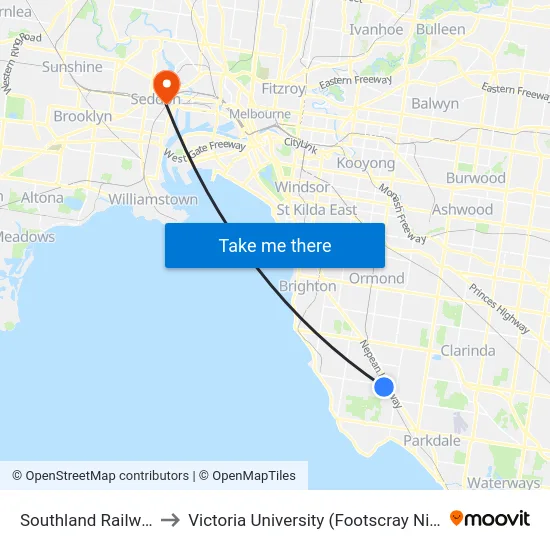Southland Railway Station to Victoria University (Footscray Nicholson Campus) map
