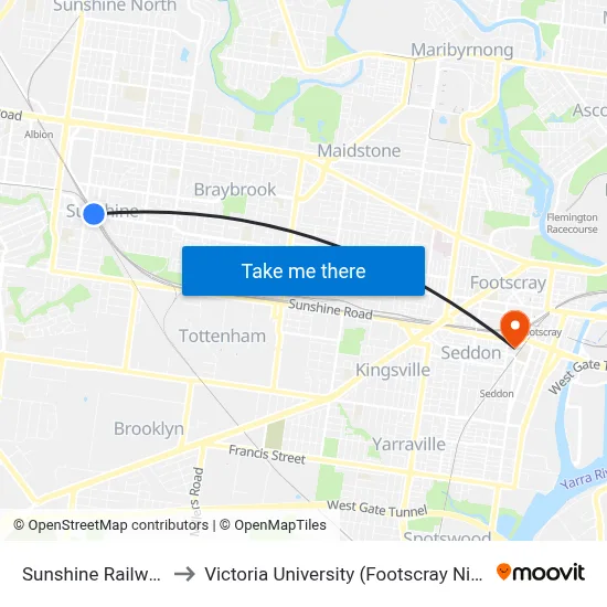 Sunshine Railway Station to Victoria University (Footscray Nicholson Campus) map