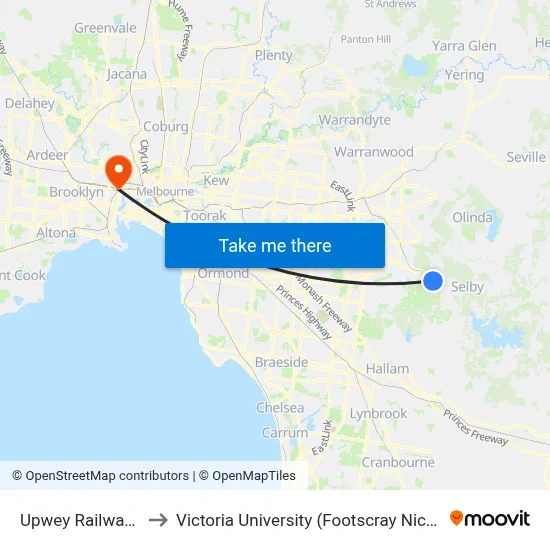 Upwey Railway Station to Victoria University (Footscray Nicholson Campus) map