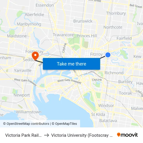 Victoria Park Railway Station to Victoria University (Footscray Nicholson Campus) map