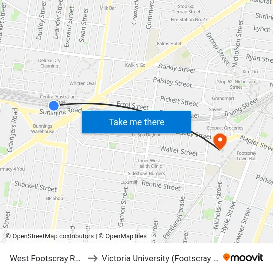 West Footscray Railway Station to Victoria University (Footscray Nicholson Campus) map