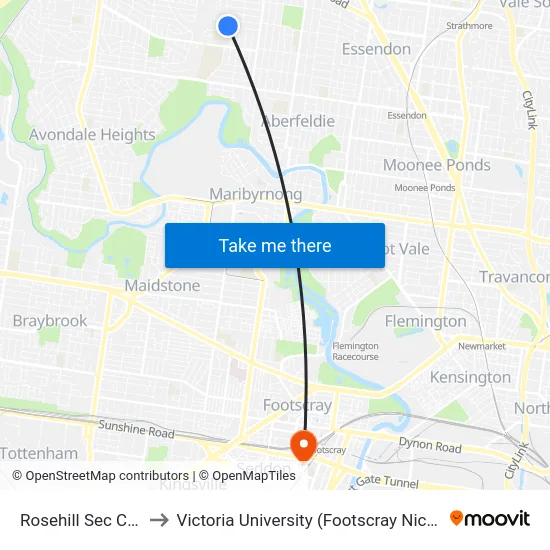 Rosehill Sec Col/Ida St to Victoria University (Footscray Nicholson Campus) map