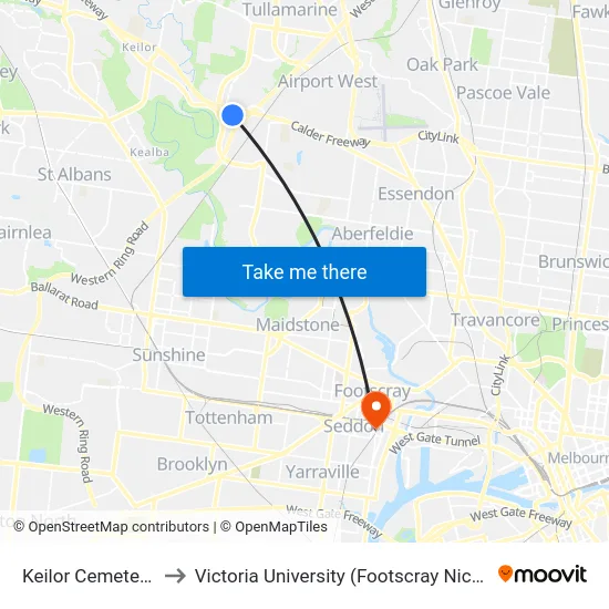 Keilor Cemetery/Ely Ct to Victoria University (Footscray Nicholson Campus) map