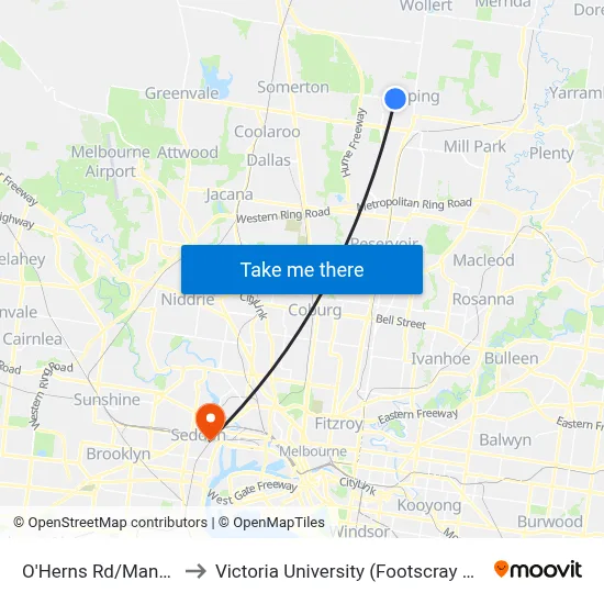 O'Herns Rd/Manor House Dr to Victoria University (Footscray Nicholson Campus) map