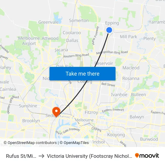Rufus St/Miller St to Victoria University (Footscray Nicholson Campus) map