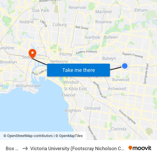 Box Hill to Victoria University (Footscray Nicholson Campus) map