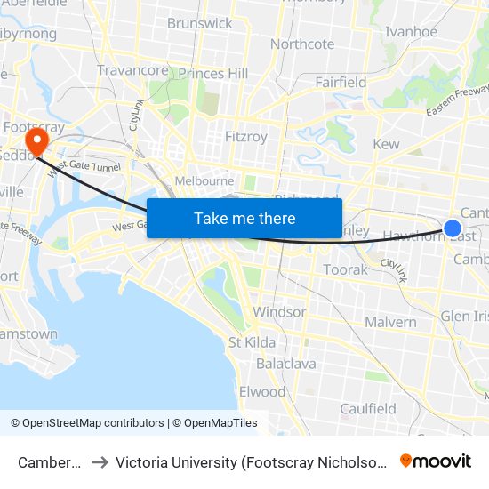 Camberwell to Victoria University (Footscray Nicholson Campus) map