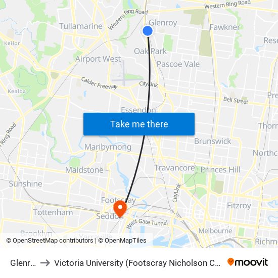Glenroy to Victoria University (Footscray Nicholson Campus) map