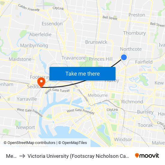 Merri to Victoria University (Footscray Nicholson Campus) map