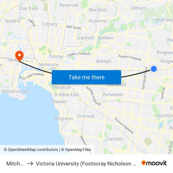 Mitcham to Victoria University (Footscray Nicholson Campus) map