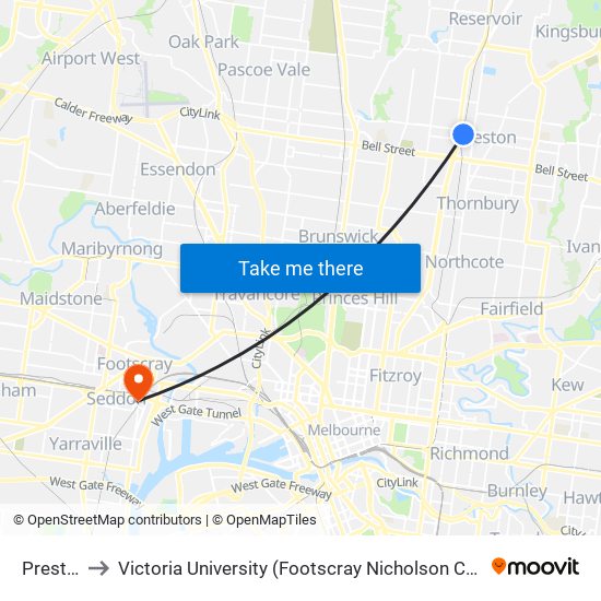 Preston to Victoria University (Footscray Nicholson Campus) map