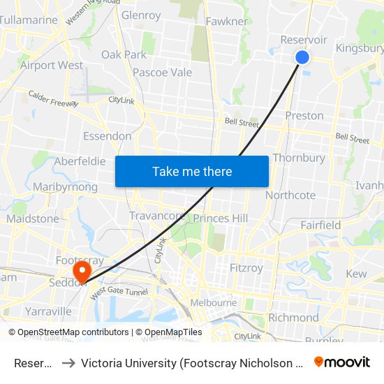 Reservoir to Victoria University (Footscray Nicholson Campus) map
