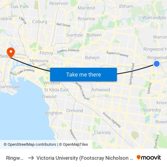 Ringwood to Victoria University (Footscray Nicholson Campus) map