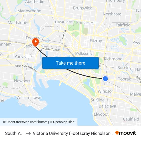 South Yarra to Victoria University (Footscray Nicholson Campus) map