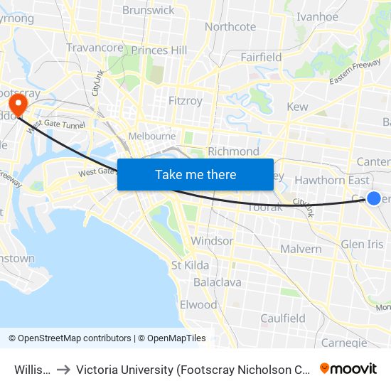 Willison to Victoria University (Footscray Nicholson Campus) map