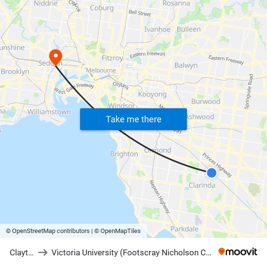 Clayton to Victoria University (Footscray Nicholson Campus) map