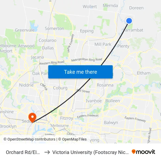 Orchard Rd/Elation Bvd to Victoria University (Footscray Nicholson Campus) map
