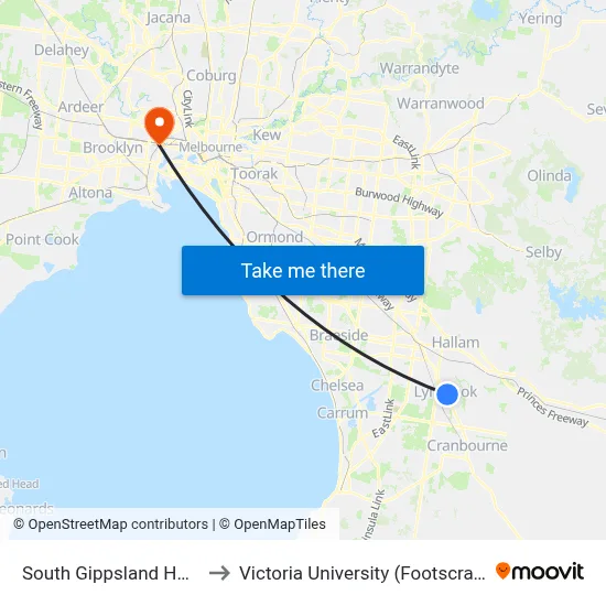South Gippsland Hwy/Lynbrook Bvd to Victoria University (Footscray Nicholson Campus) map