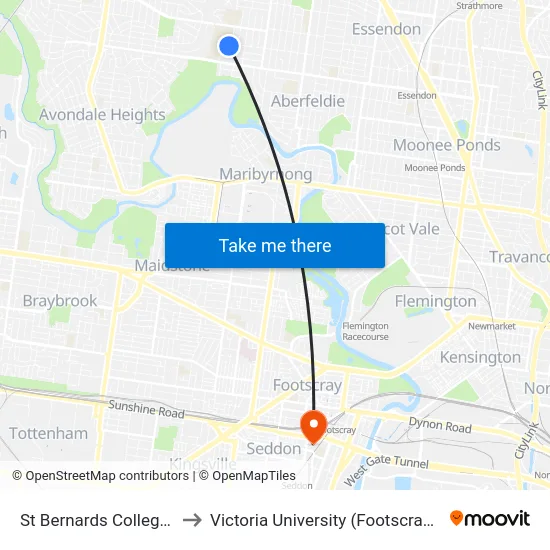 St Bernards College/Hampton Rd to Victoria University (Footscray Nicholson Campus) map