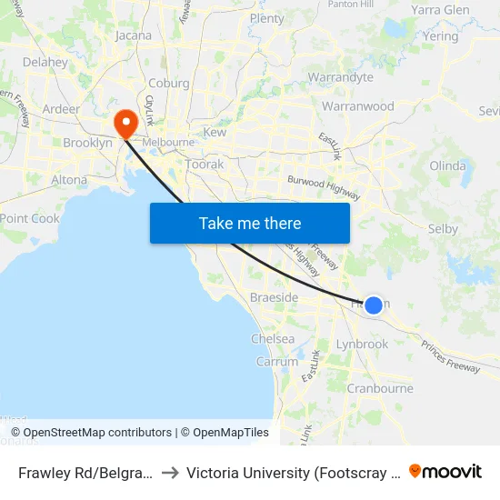 Frawley Rd/Belgrave-Hallam Rd to Victoria University (Footscray Nicholson Campus) map