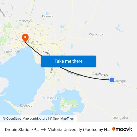 Drouin Station/Princes Way to Victoria University (Footscray Nicholson Campus) map