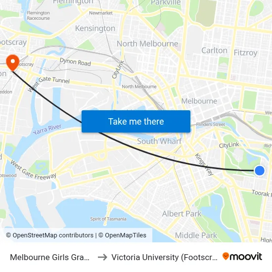Melbourne Girls Grammar/Anderson St to Victoria University (Footscray Nicholson Campus) map