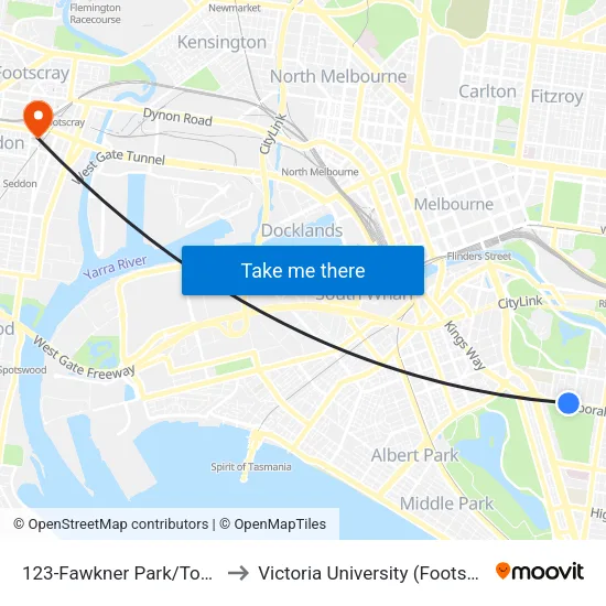 Fawkner Park/Toorak Rd #123 to Victoria University (Footscray Nicholson Campus) map