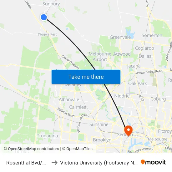 Rosenthal Bvd/Vineyard Rd to Victoria University (Footscray Nicholson Campus) map