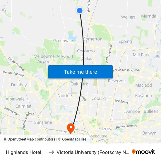Highlands Hotel/Aitken Bvd to Victoria University (Footscray Nicholson Campus) map