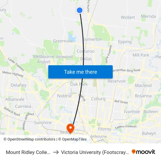 Mount Ridley College/Aitken Bvd to Victoria University (Footscray Nicholson Campus) map