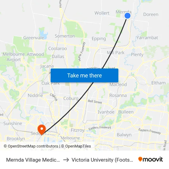Mernda Village Medical/Mernda Village Dr to Victoria University (Footscray Nicholson Campus) map