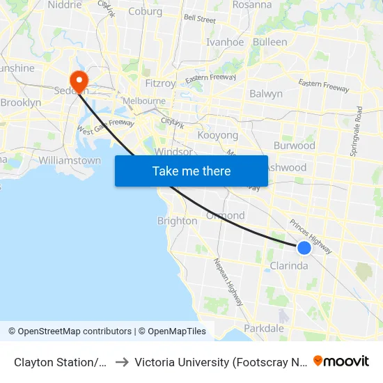 Clayton Station/Carinish Rd to Victoria University (Footscray Nicholson Campus) map