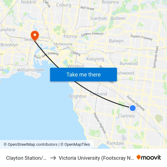 Clayton Station/Carinish Rd to Victoria University (Footscray Nicholson Campus) map