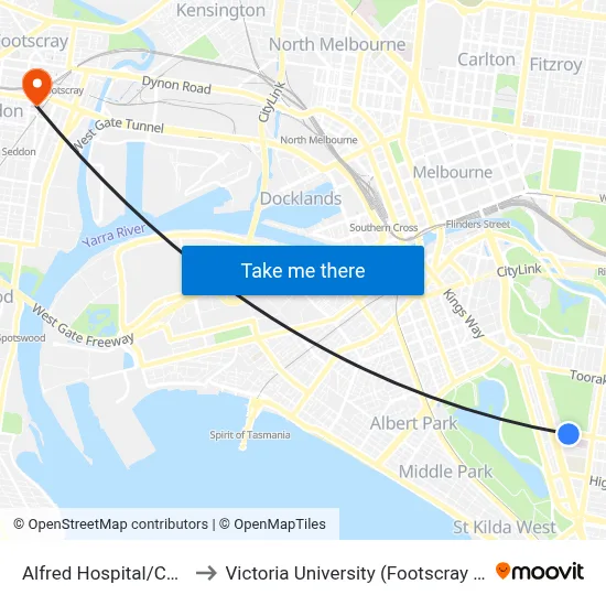 Alfred Hospital/Commercial Rd to Victoria University (Footscray Nicholson Campus) map