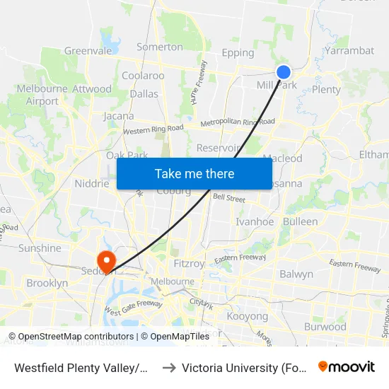 Westfield Plenty Valley/Mcdonalds Rd to Victoria University (Footscray Nicholson Campus) map