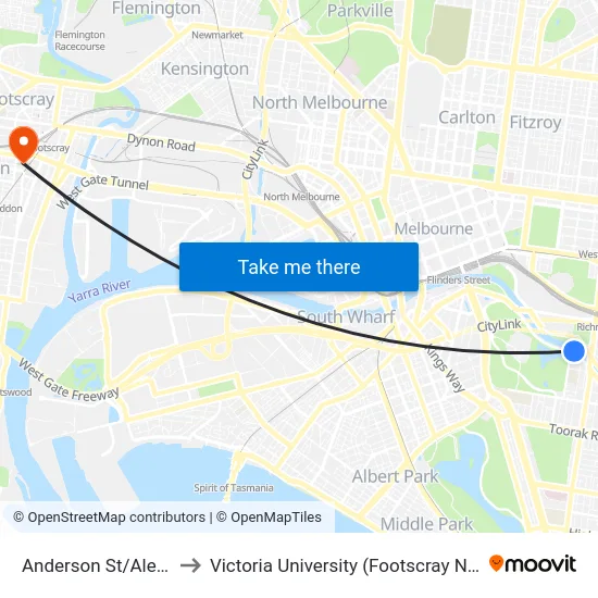 Anderson St/Alexandra Ave to Victoria University (Footscray Nicholson Campus) map