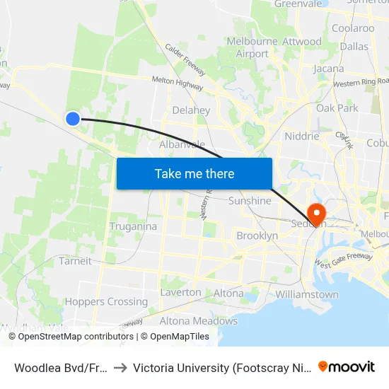 Woodlea Bvd/Frontier Ave to Victoria University (Footscray Nicholson Campus) map