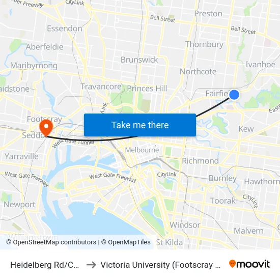 Heidelberg Rd/Chandler Hwy to Victoria University (Footscray Nicholson Campus) map
