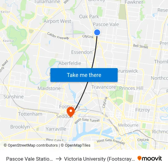 Pascoe Vale Station/Railway Pde to Victoria University (Footscray Nicholson Campus) map