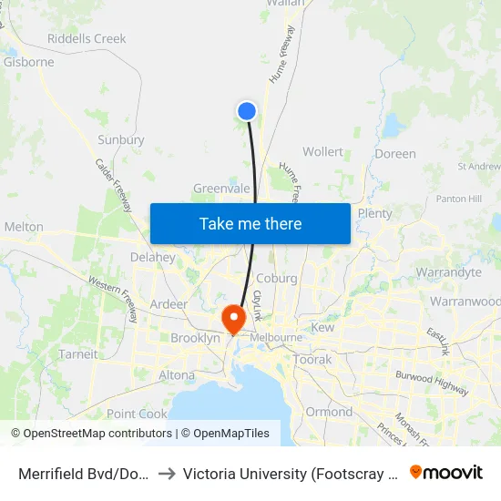 Merrifield Bvd/Donnybrook Rd to Victoria University (Footscray Nicholson Campus) map