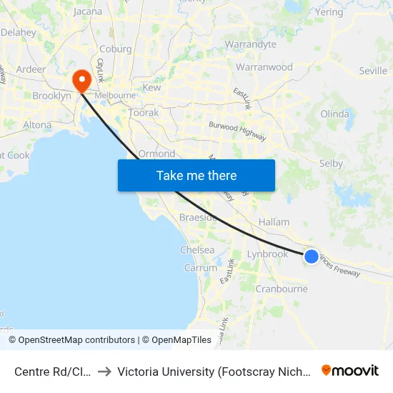 Centre Rd/Clyde Rd to Victoria University (Footscray Nicholson Campus) map