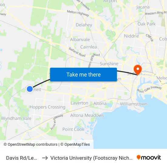 Davis Rd/Leakes Rd to Victoria University (Footscray Nicholson Campus) map