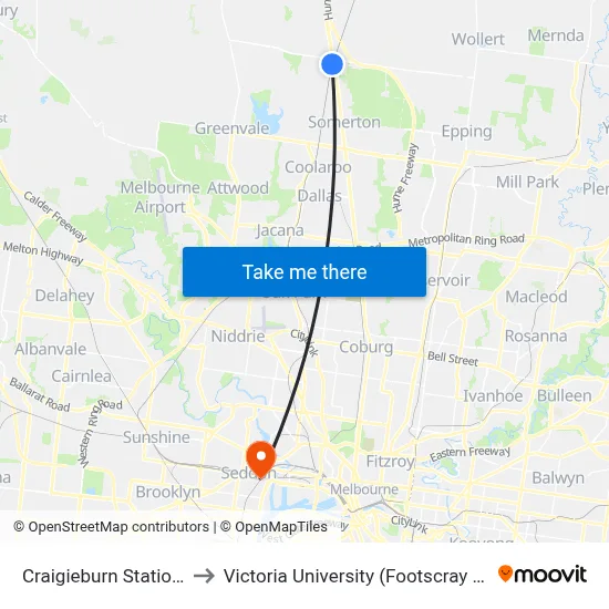Craigieburn Station/Walters St to Victoria University (Footscray Nicholson Campus) map