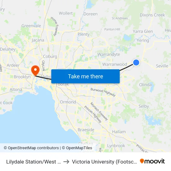 Lilydale Station/West William St to Victoria University (Footscray Nicholson Campus) map