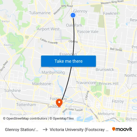 Glenroy Station/Hartington St to Victoria University (Footscray Nicholson Campus) map