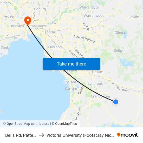 Bells Rd/Pattersons Rd to Victoria University (Footscray Nicholson Campus) map