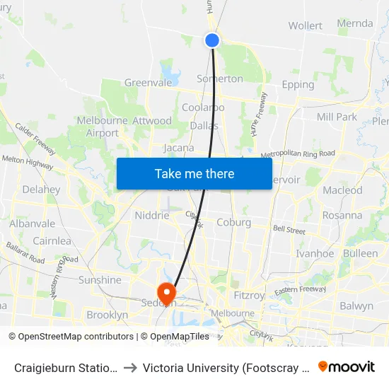 Craigieburn Station/Walters St to Victoria University (Footscray Nicholson Campus) map