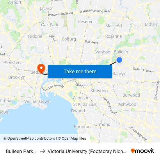 Bulleen Park & Ride to Victoria University (Footscray Nicholson Campus) map