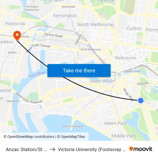 Anzac Station/St Kilda Rd #20 to Victoria University (Footscray Nicholson Campus) map