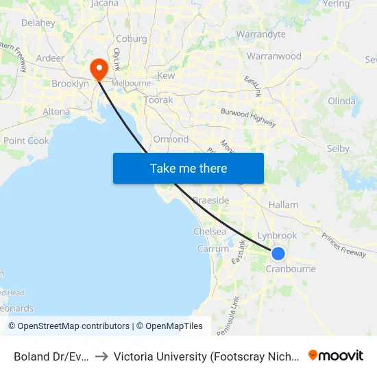 Boland Dr/Evans Rd to Victoria University (Footscray Nicholson Campus) map